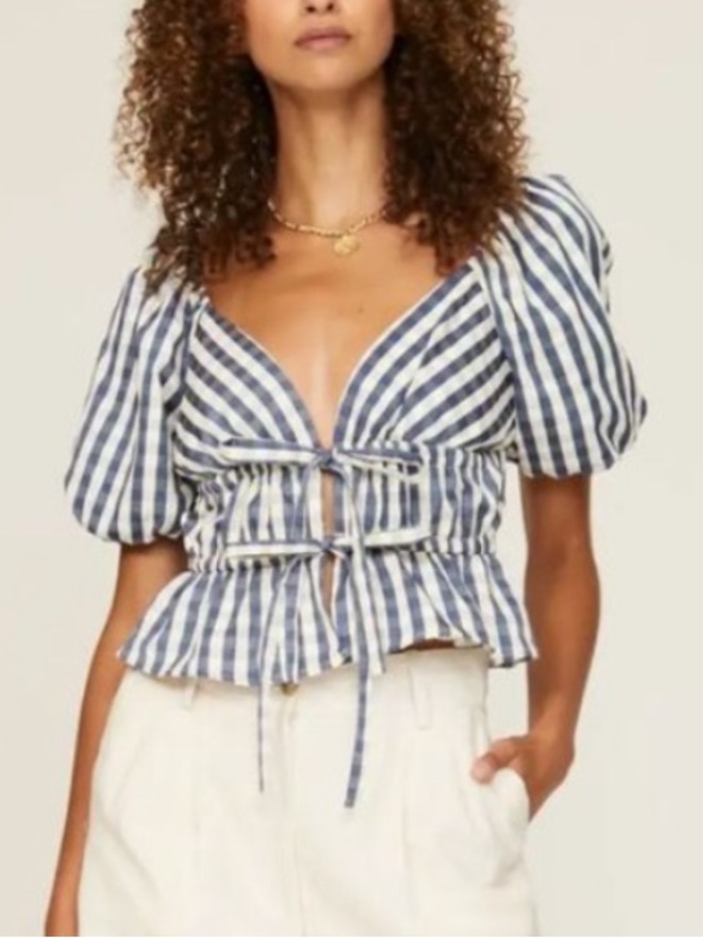 Louna Blue & White Gingham Puff Sleeve Tie Front Crop Top Small 34032